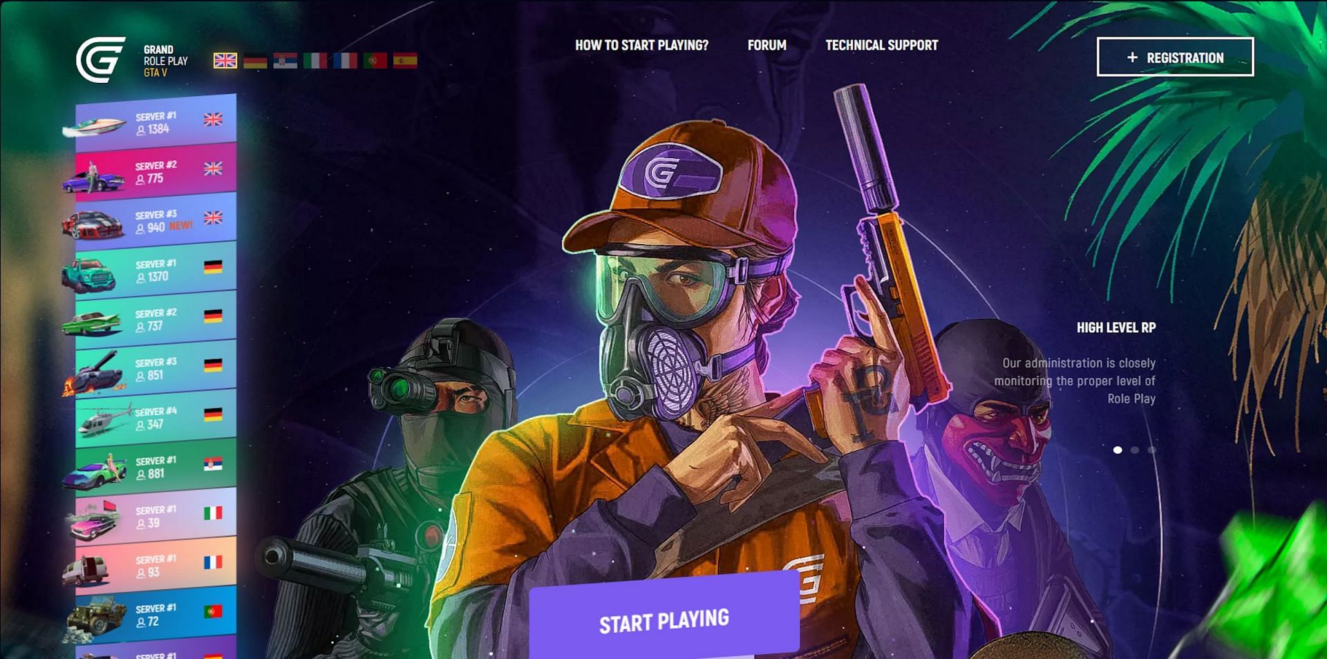 The official website shows how many people are on various servers (Image via Grand Roleplay)